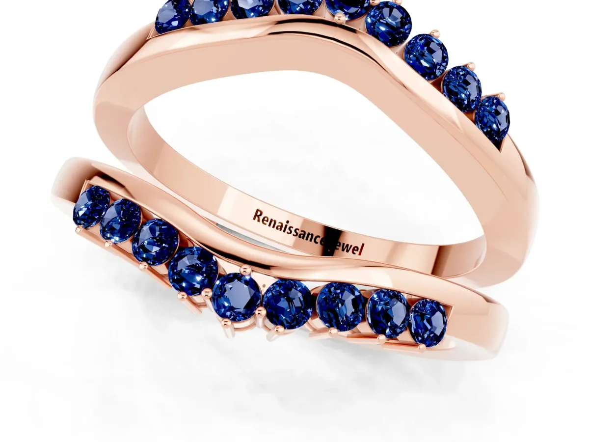 Round Blue Sapphire Chevron Contour Band with Prong Setting Rose gold