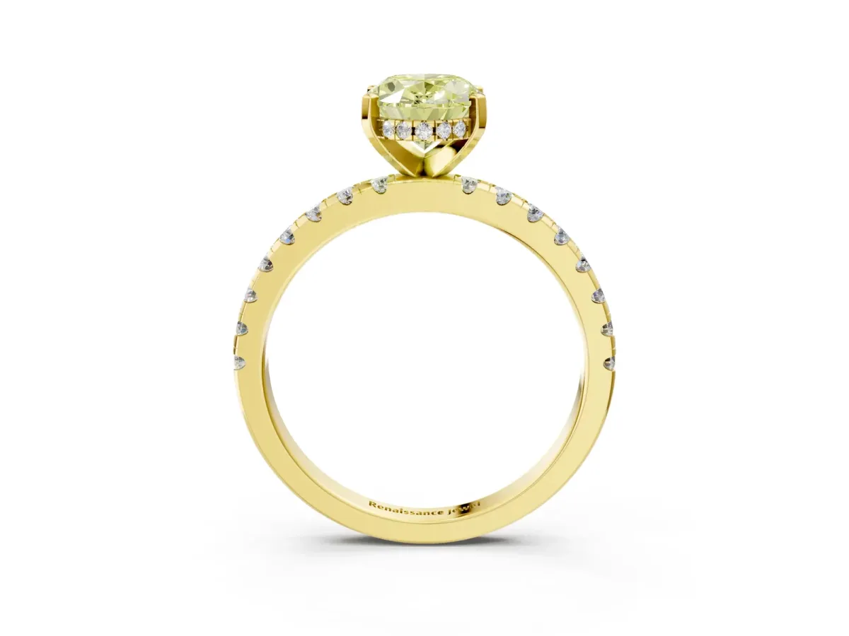 Fancy Yellow Oval Cut Diamond Solitaire Ring with Round Pavé Band and Four-Prong Setting Yellow gold