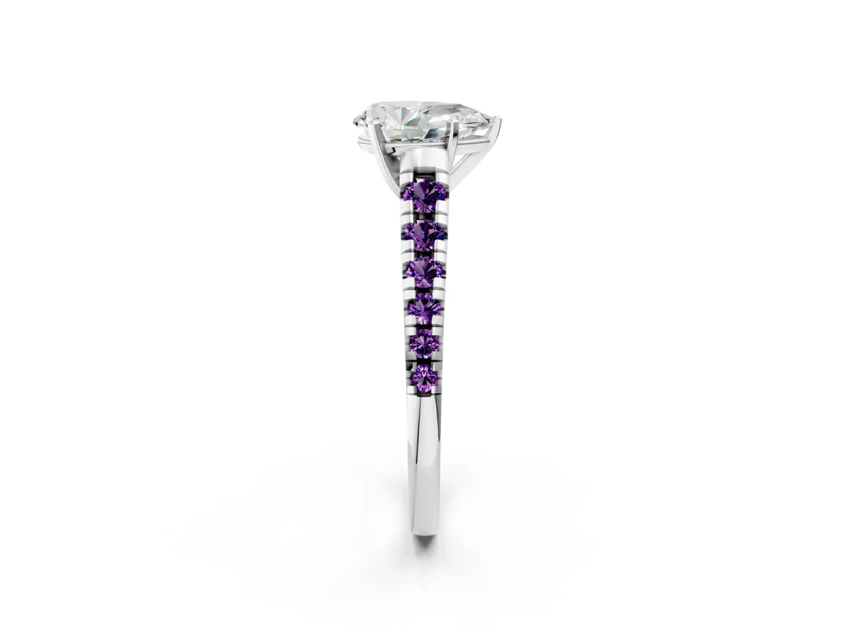 Pear Cut Diamond Cathedral Solitaire Ring with Round Amethyst Pavé Band Silver