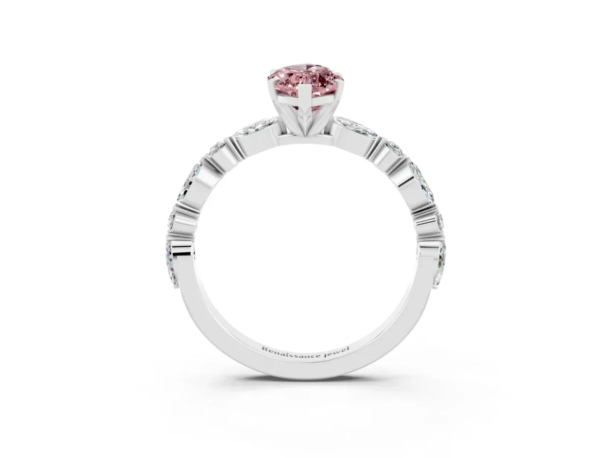 Marquise Cut Morganite Ring with Marquise and Round Side Stones and Four-Prong Setting Silver