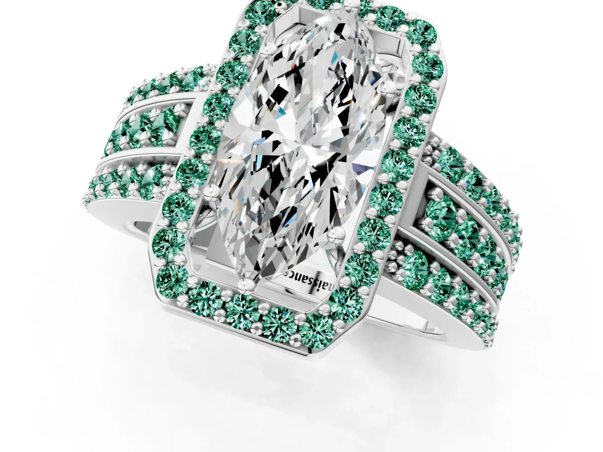 Marquise Cut Halo Diamond Ring with Round Green Sapphire Split Shank and Prong Setting Silver