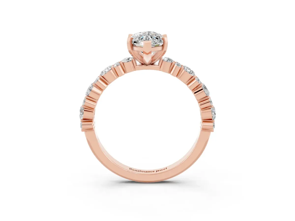 Marquise Cut Moissanite Side Stone Solitaire Ring with Round and Four-Prong Setting Rose gold