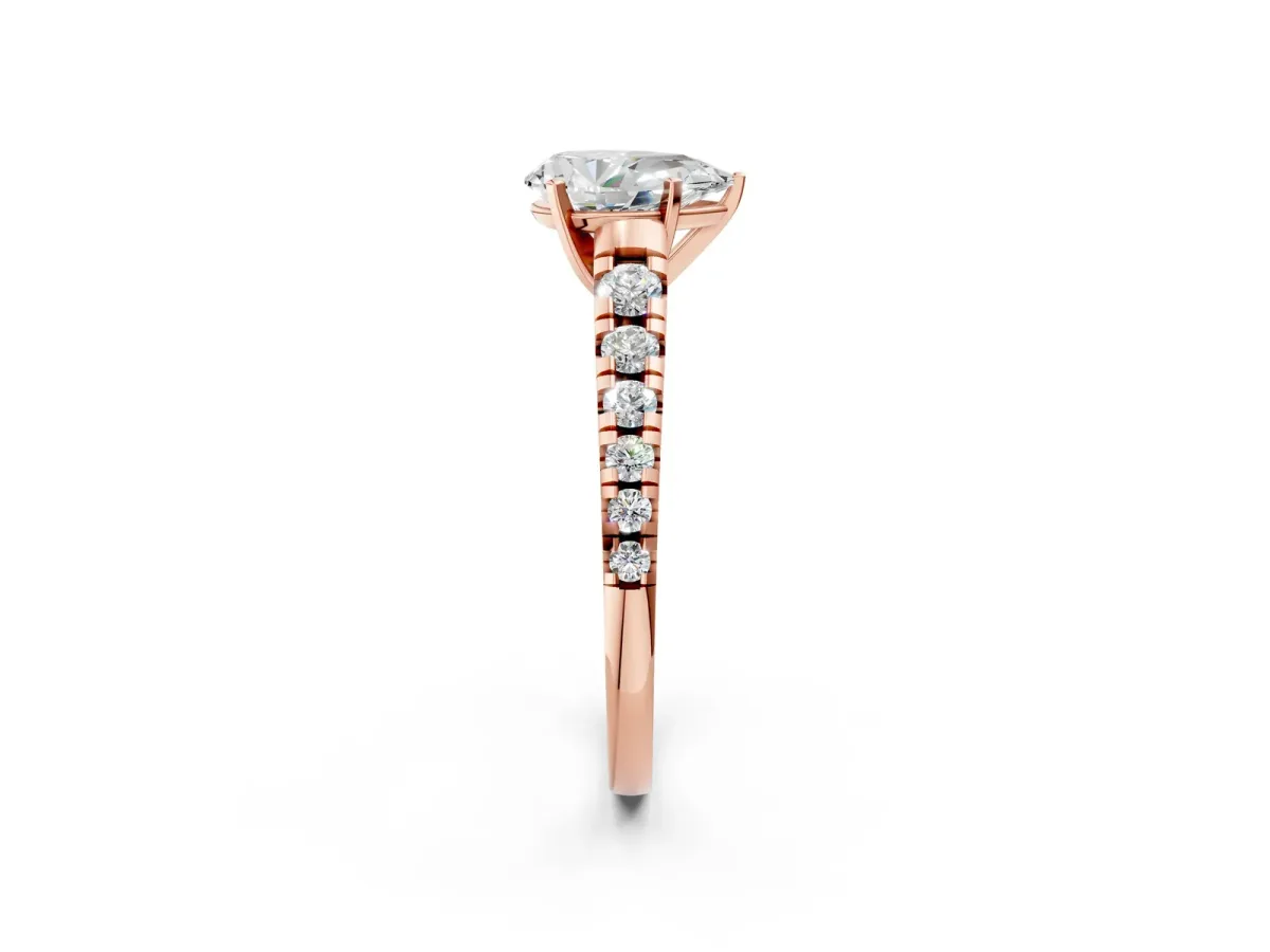 Pear Cut Diamond Cathedral Solitaire Ring with Round Pavé Band Rose gold