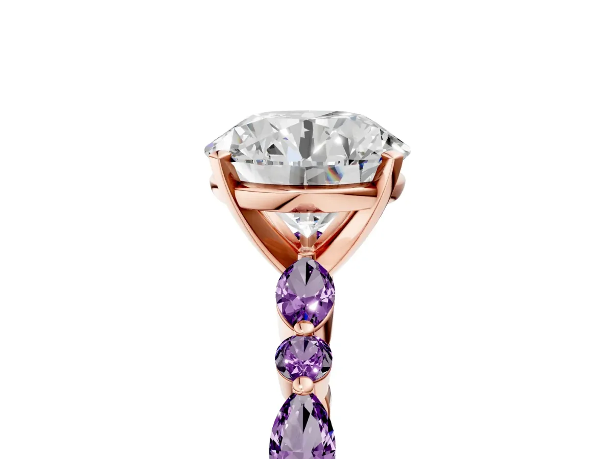 Round Cut Diamond Ring with Marquise and Round Amethyst Side Stones and Four-Prong Setting Rose gold