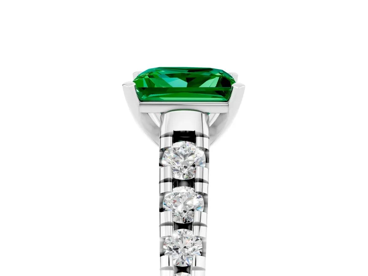 Princess Cut Emerald Cathedral Solitaire Ring with Round Pavé Band Silver