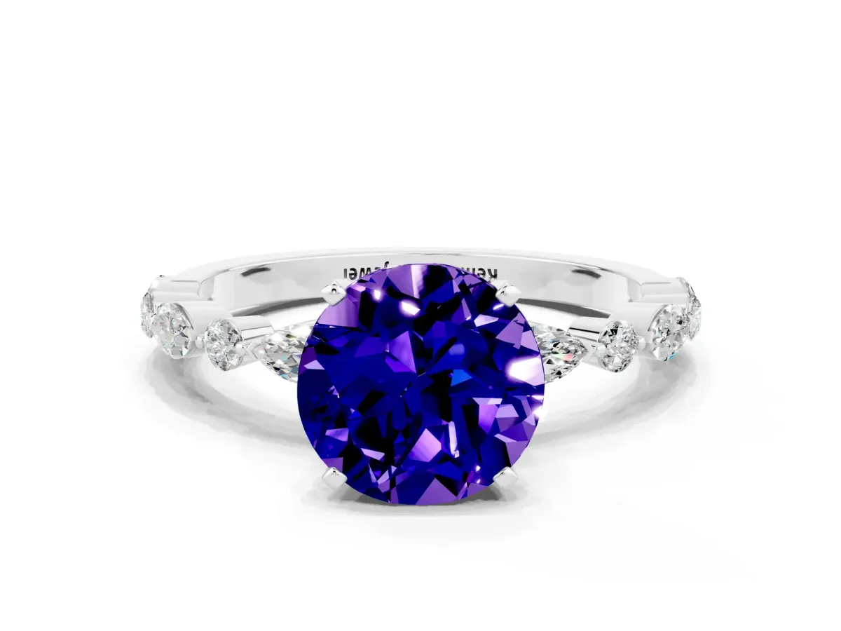 Round Cut Tanzanite Ring with Marquise and Round Side Stones and Four-Prong Setting Platinum