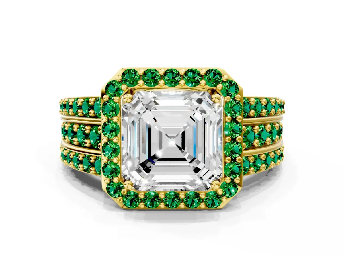 Asscher Cut Halo Diamond Ring with Round Emerald Split Shank and Prong Setting Yellow gold