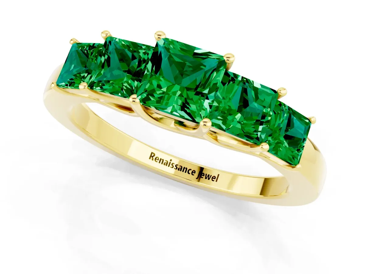 Princess Cut Five-Stone Emerald Ring with Classic Prong Setting Yellow gold
