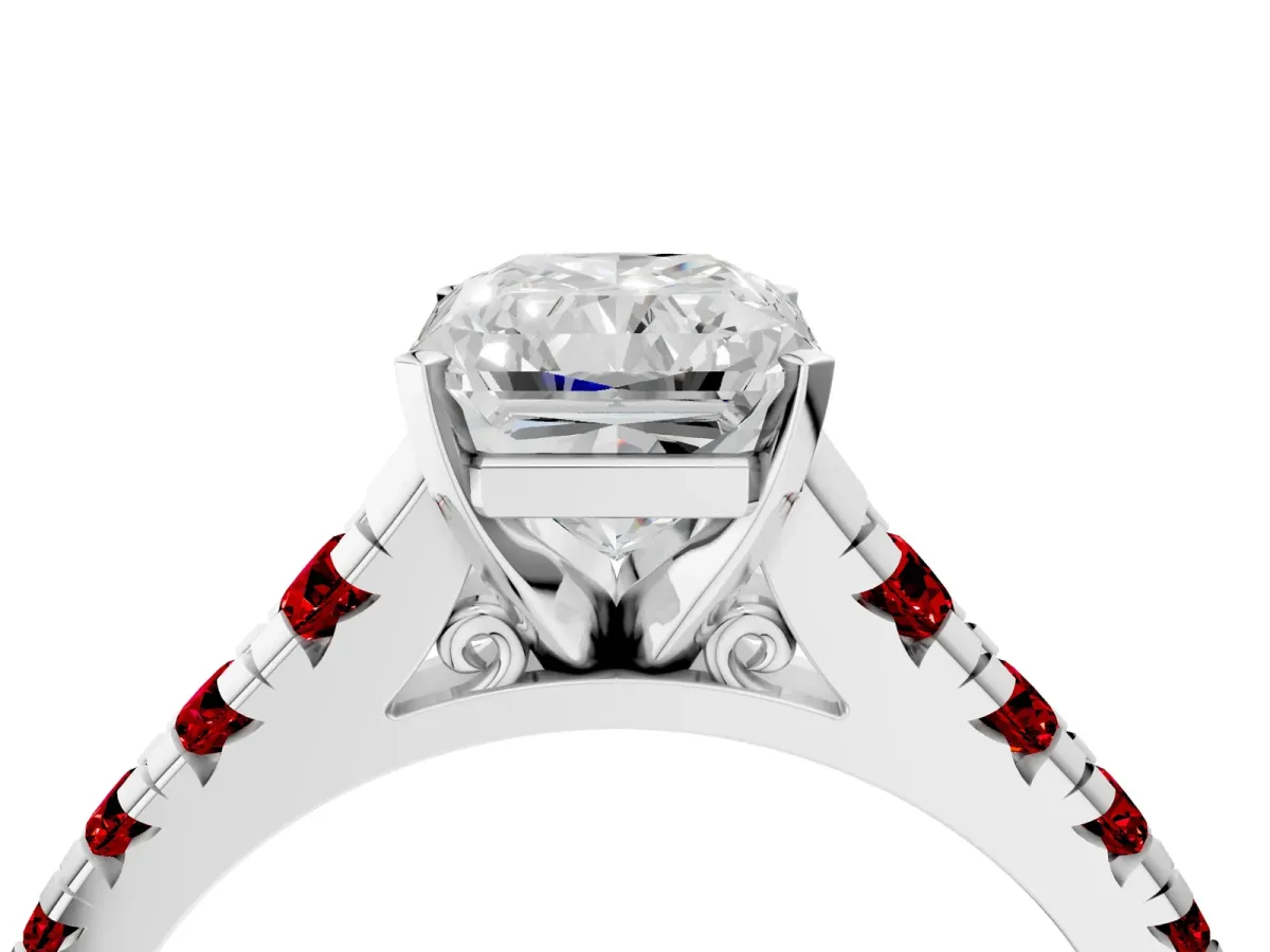 Radiant Cut Diamond Cathedral Solitaire Ring with Round Ruby Pavé Band Platinum