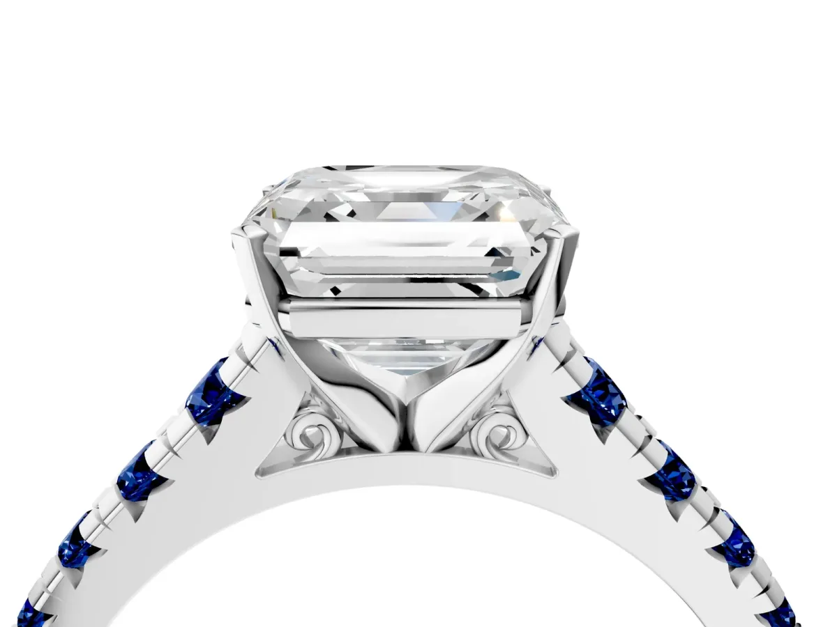 Asscher Cut Diamond Cathedral Solitaire Ring with Round Blue Sapphire Pavé Band Silver