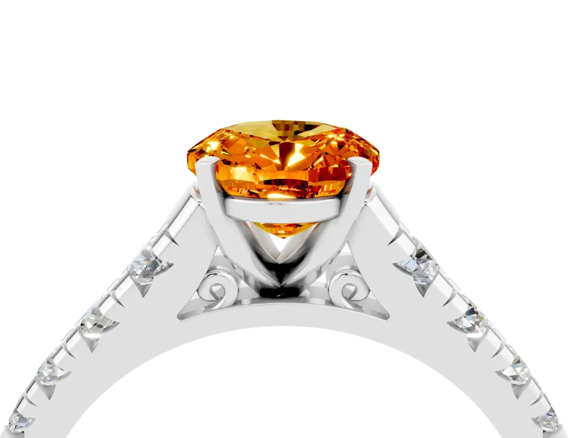 Oval Cut Citrine Cathedral Solitaire Ring with Round Pavé Band White gold