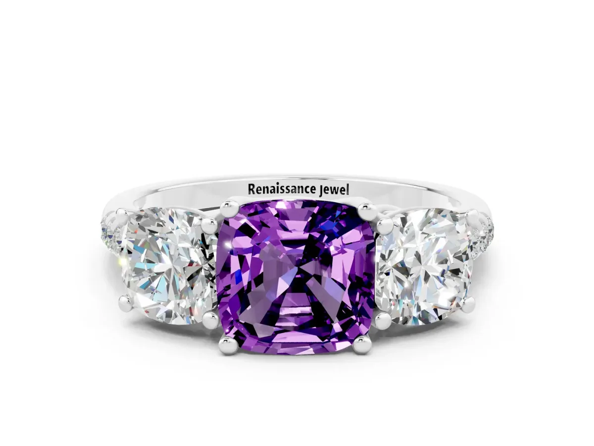 Three-Stone Cushion Cut Amethyst Ring with Round Pavé Band and Prong Setting Platinum