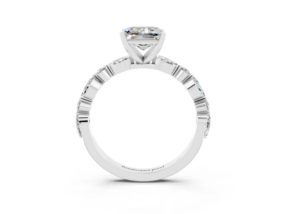 Princess Cut Moissanite Ring with Marquise and Round Side Stones and Four-Prong Setting Silver