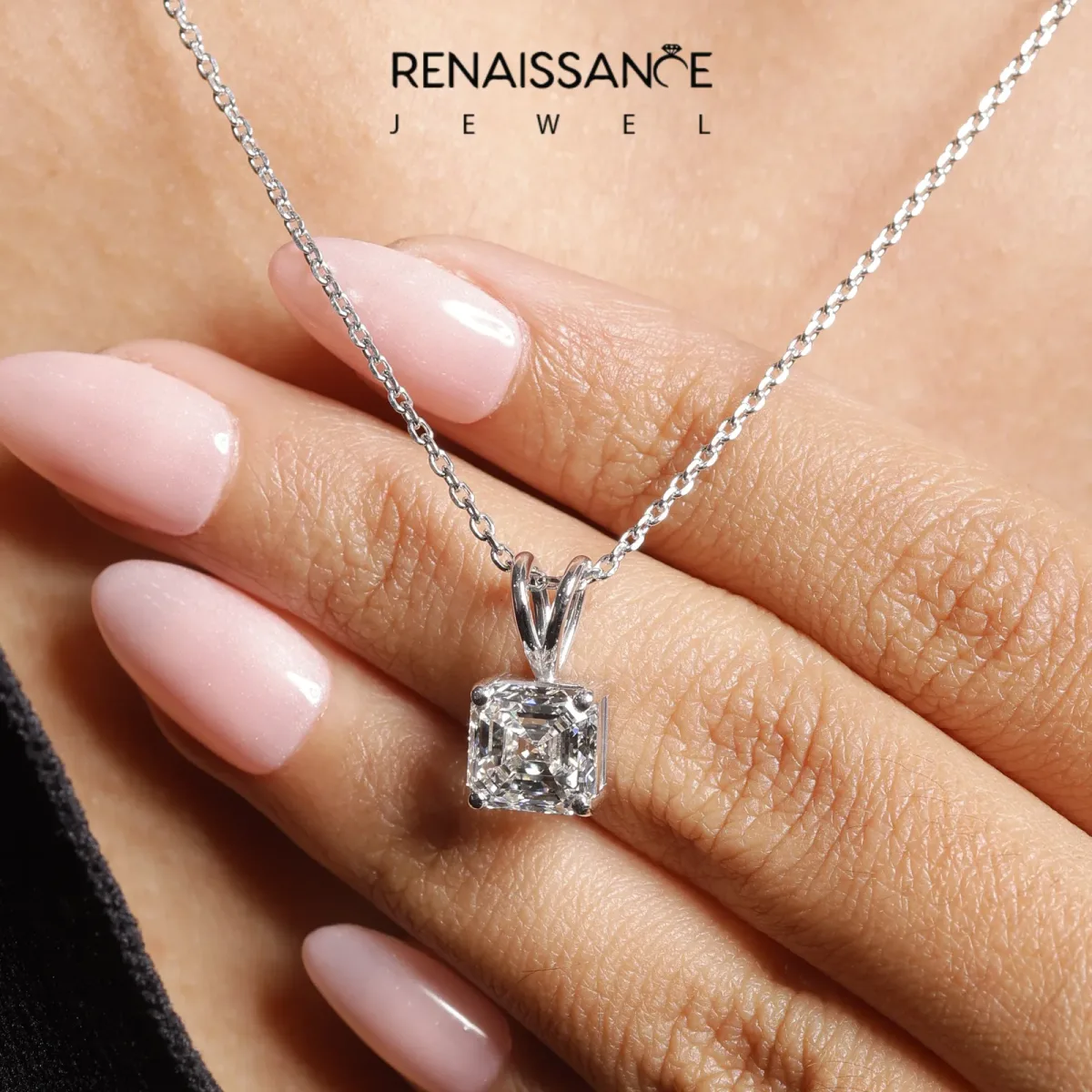Asscher Diamond Solitaire Pendant with Four Prong Setting White gold