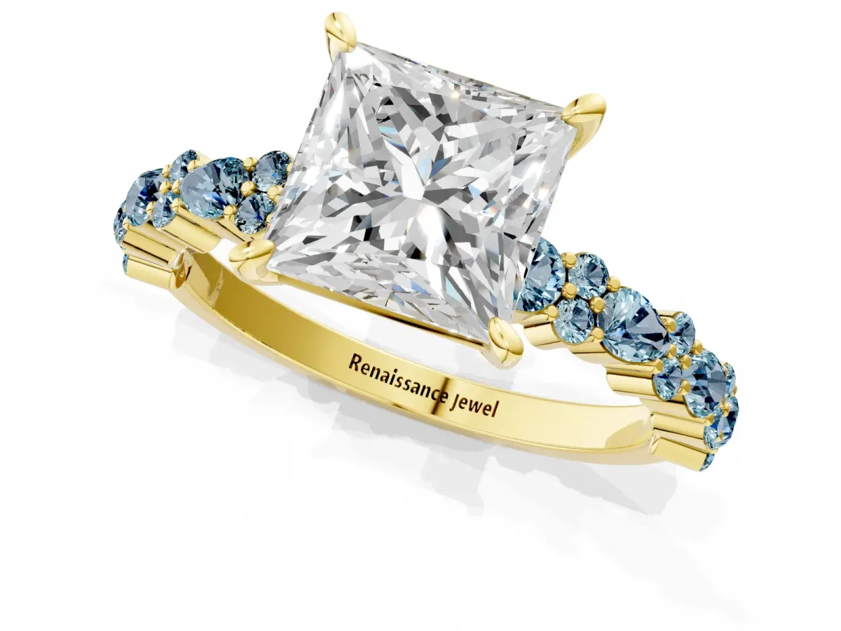 Princess Cut Diamond Side Stone Solitaire Ring with Round Aquamarine and Four-Prong Setting Yellow gold