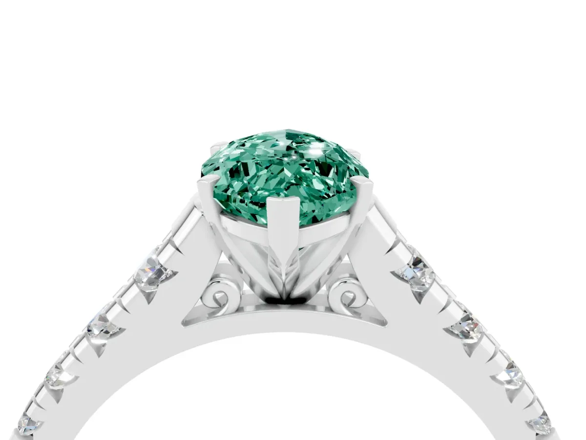 Marquise Cut Green Sapphire Cathedral Solitaire Ring with Round Pavé Band Silver