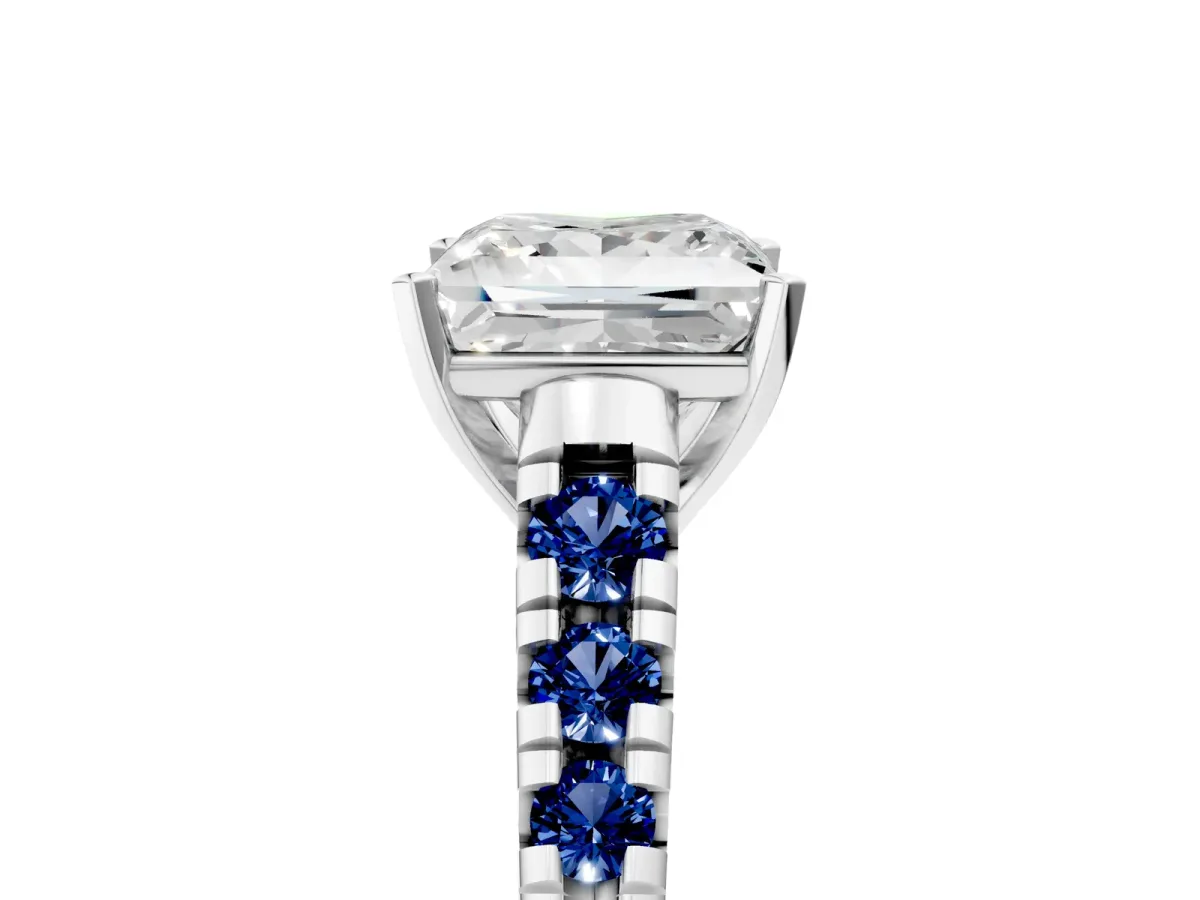 Princess Cut Diamond Cathedral Solitaire Ring with Round Blue Sapphire Pavé Band Platinum