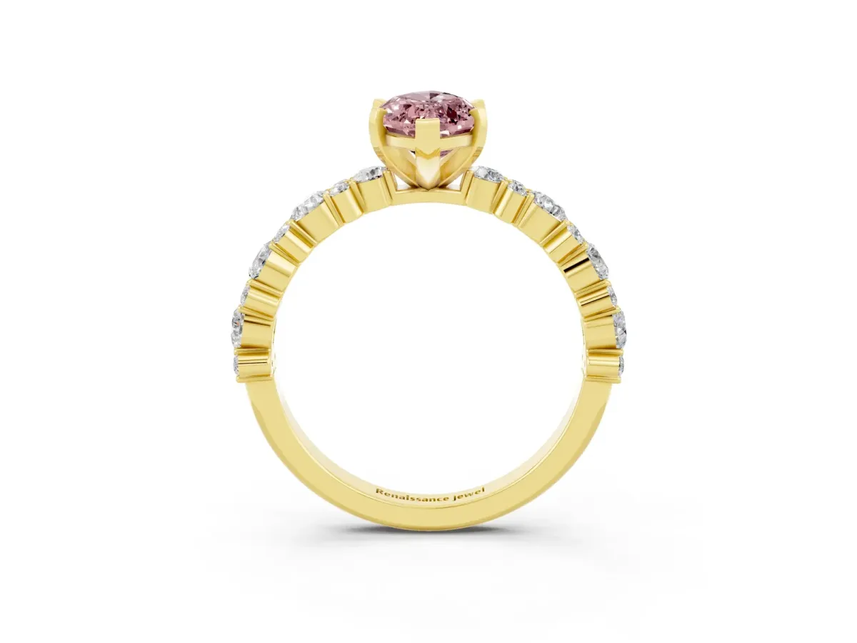 Marquise Cut Morganite Side Stone Solitaire Ring with Round and Four-Prong Setting Yellow gold