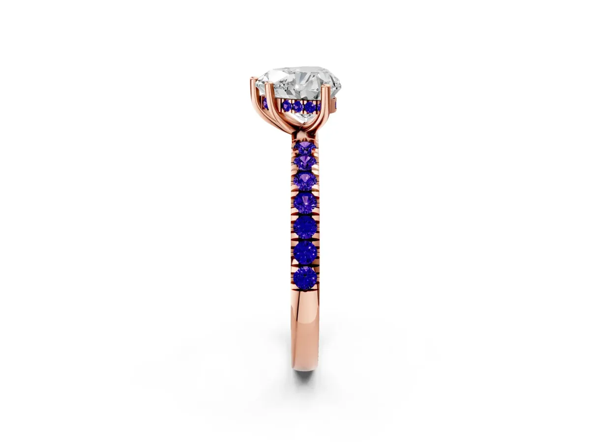 Heart Cut Diamond Pave Band Solitaire Ring with Round Tanzanite and Prong Setting Rose gold
