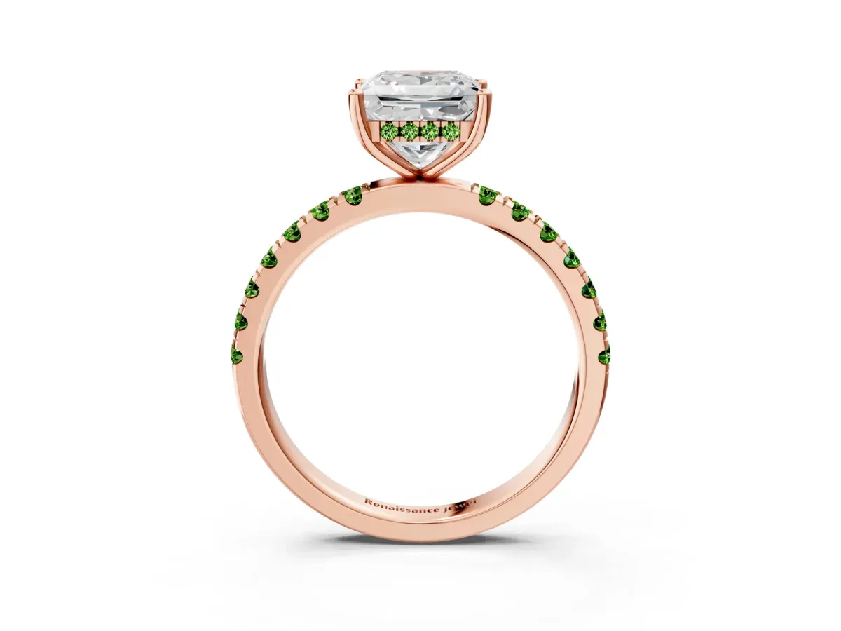 Princess Cut Diamond Pave Band Solitaire Ring with Round Peridot and Prong Setting Rose gold