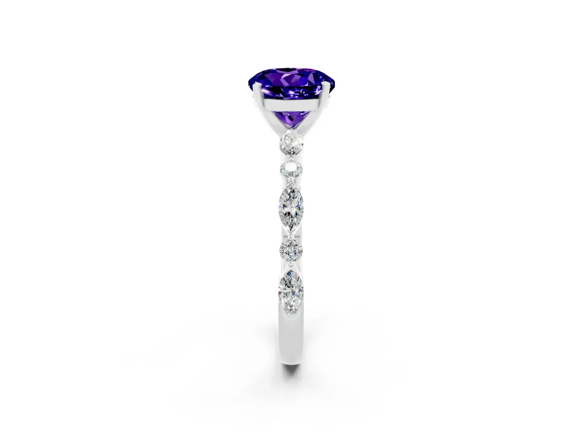 Round Cut Tanzanite Ring with Marquise and Round Side Stones and Four-Prong Setting Platinum