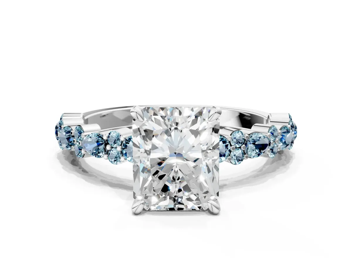 Radiant Cut Diamond Side Stone Solitaire Ring with Round Aquamarine and Four-Prong Setting Platinum