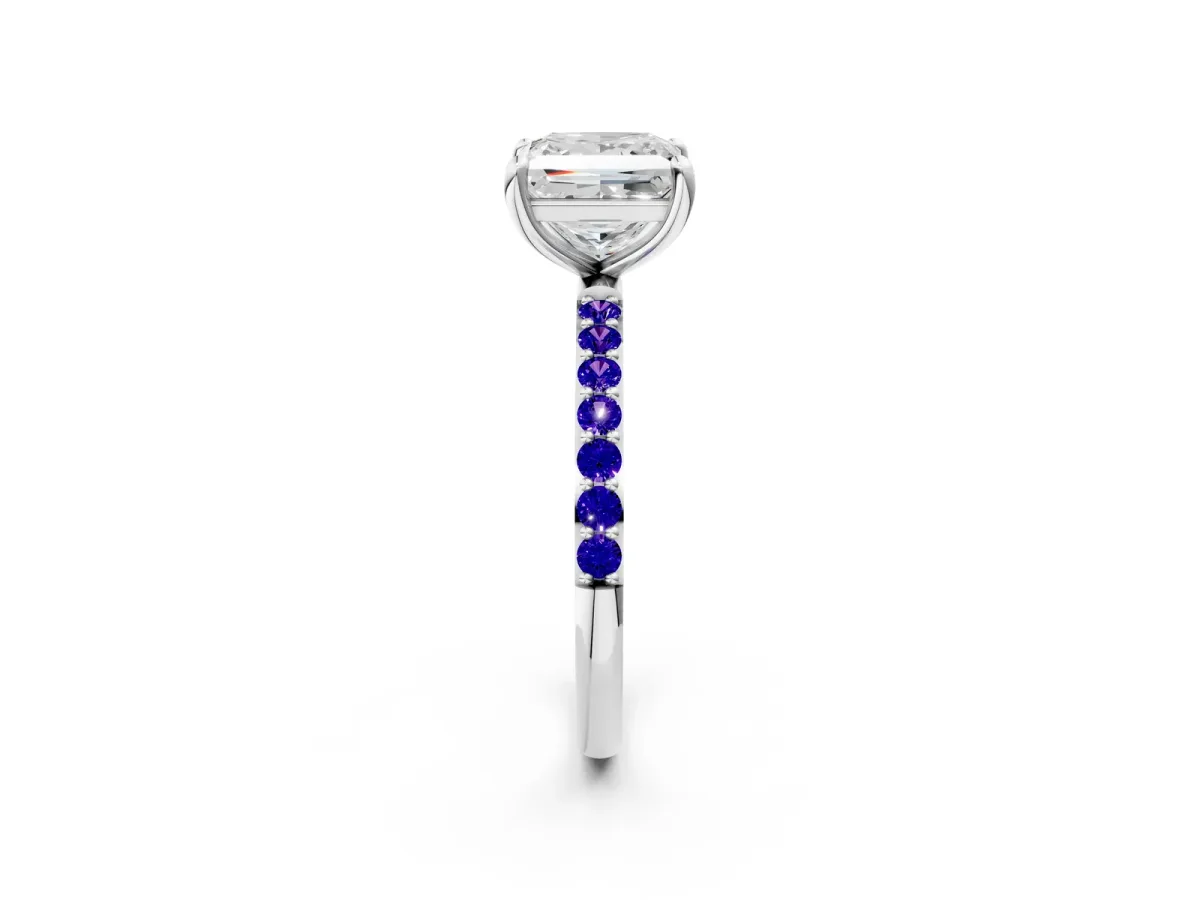 Princess Cut Diamond Solitaire Ring with Round Tanzanite Pavé Band and Prong Setting Silver