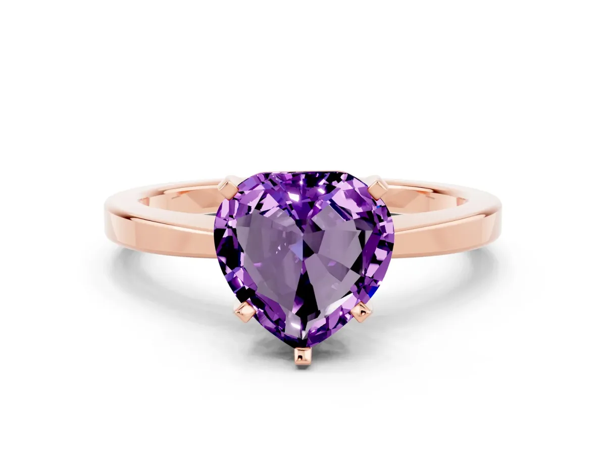Heart Cut Amethyst Solitaire Engagement Ring with Classic Band and Four-Prong Setting Rose gold