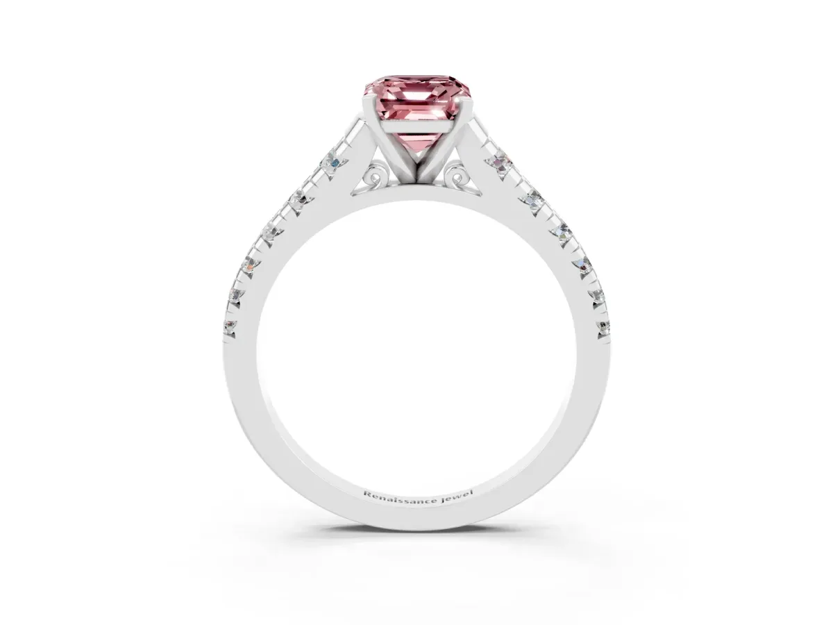 Emerald Cut Morganite Cathedral Solitaire Ring with Round Pavé Band Platinum