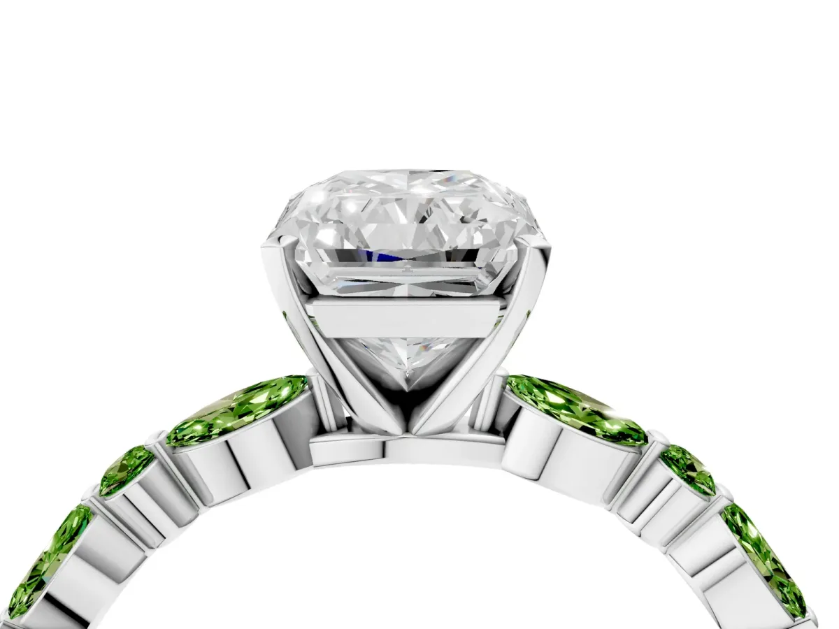 Radiant Cut Diamond Ring with Marquise and Round Peridot Side Stones and Four-Prong Setting Silver