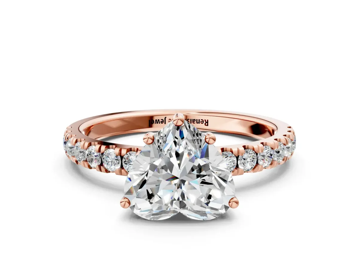 Heart Cut Diamond Pave Band Solitaire Ring with Round and Prong Setting Rose gold