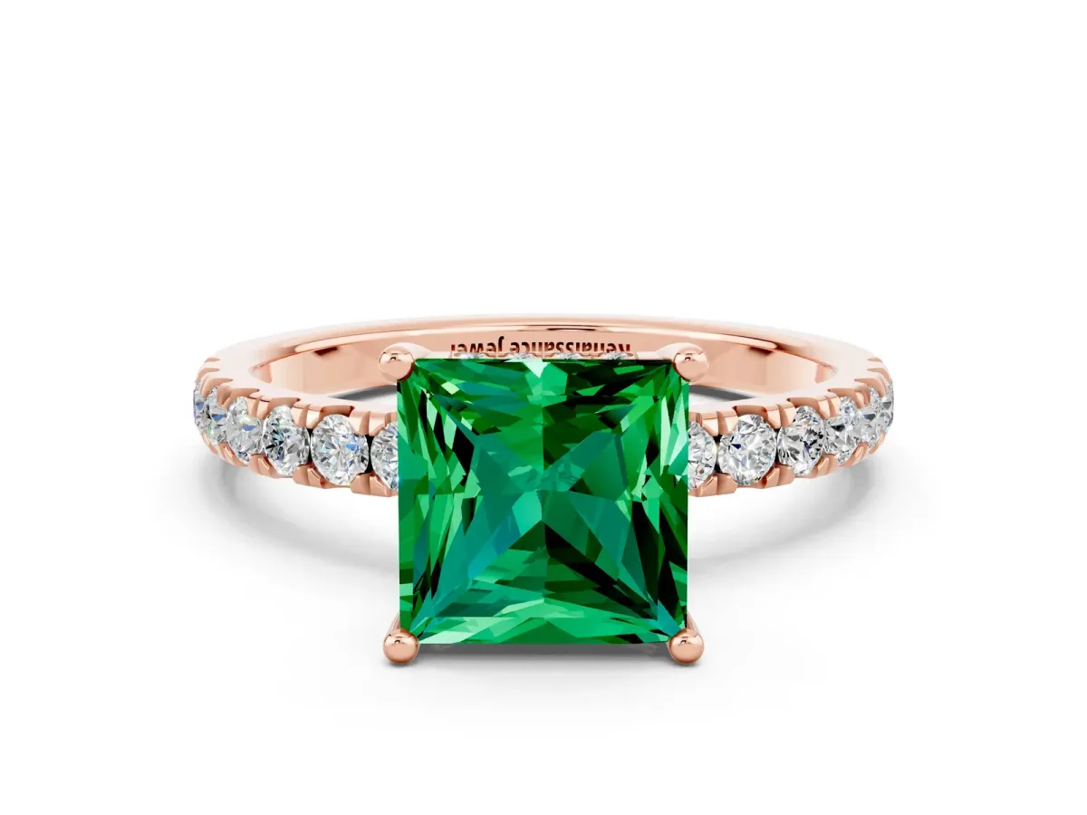 Princess Cut Emerald Pave Band Solitaire Ring with Round and Prong Setting Rose gold
