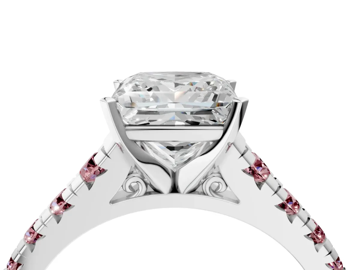 Princess Cut Diamond Cathedral Solitaire Ring with Round Morganite Pavé Band Platinum
