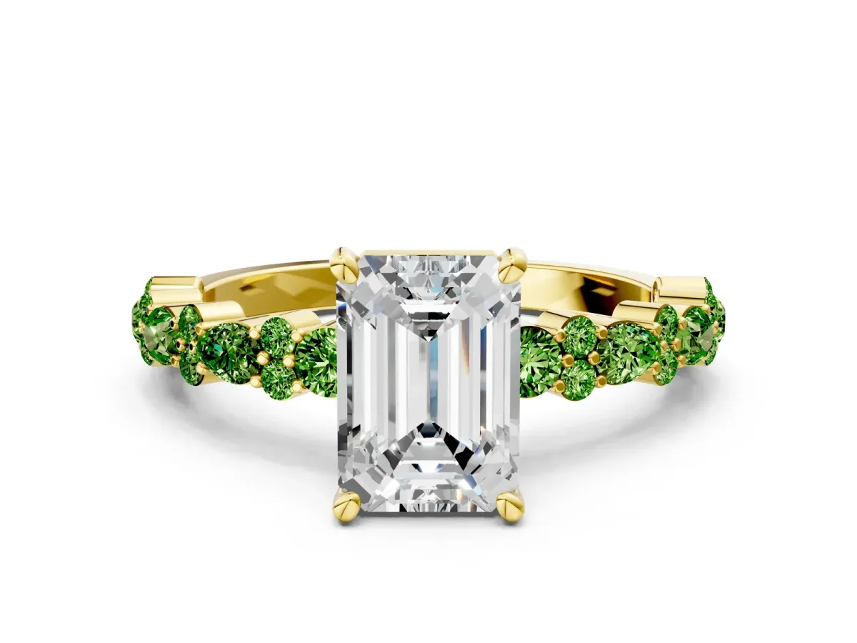 Emerald Cut Diamond Side Stone Solitaire Ring with Round Peridot and Four-Prong Setting Yellow gold