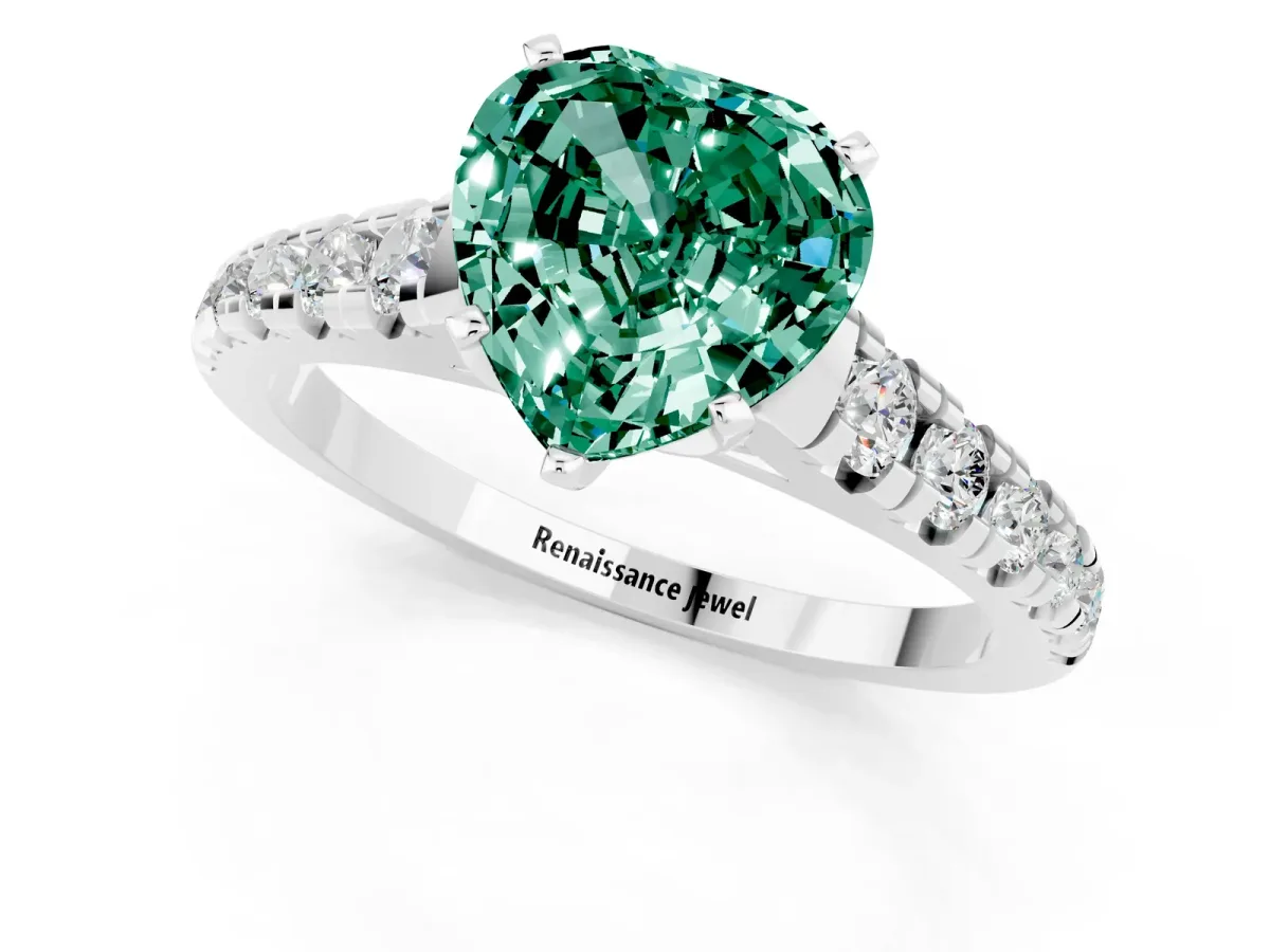 Heart Cut Green Sapphire Cathedral Solitaire Ring with Round Pavé Band Platinum