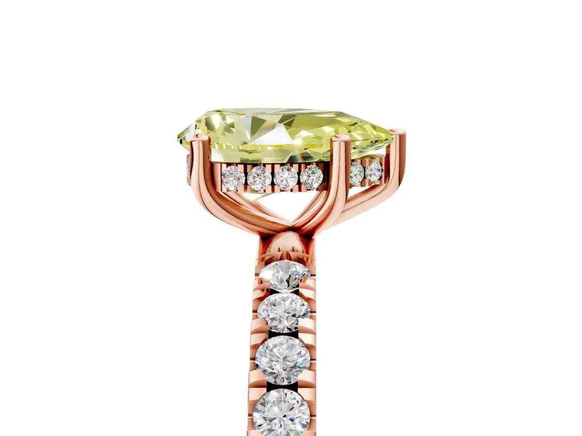 Fancy Yellow Pear Cut Diamond Pave Band Solitaire Ring with Round and Prong Setting Rose gold