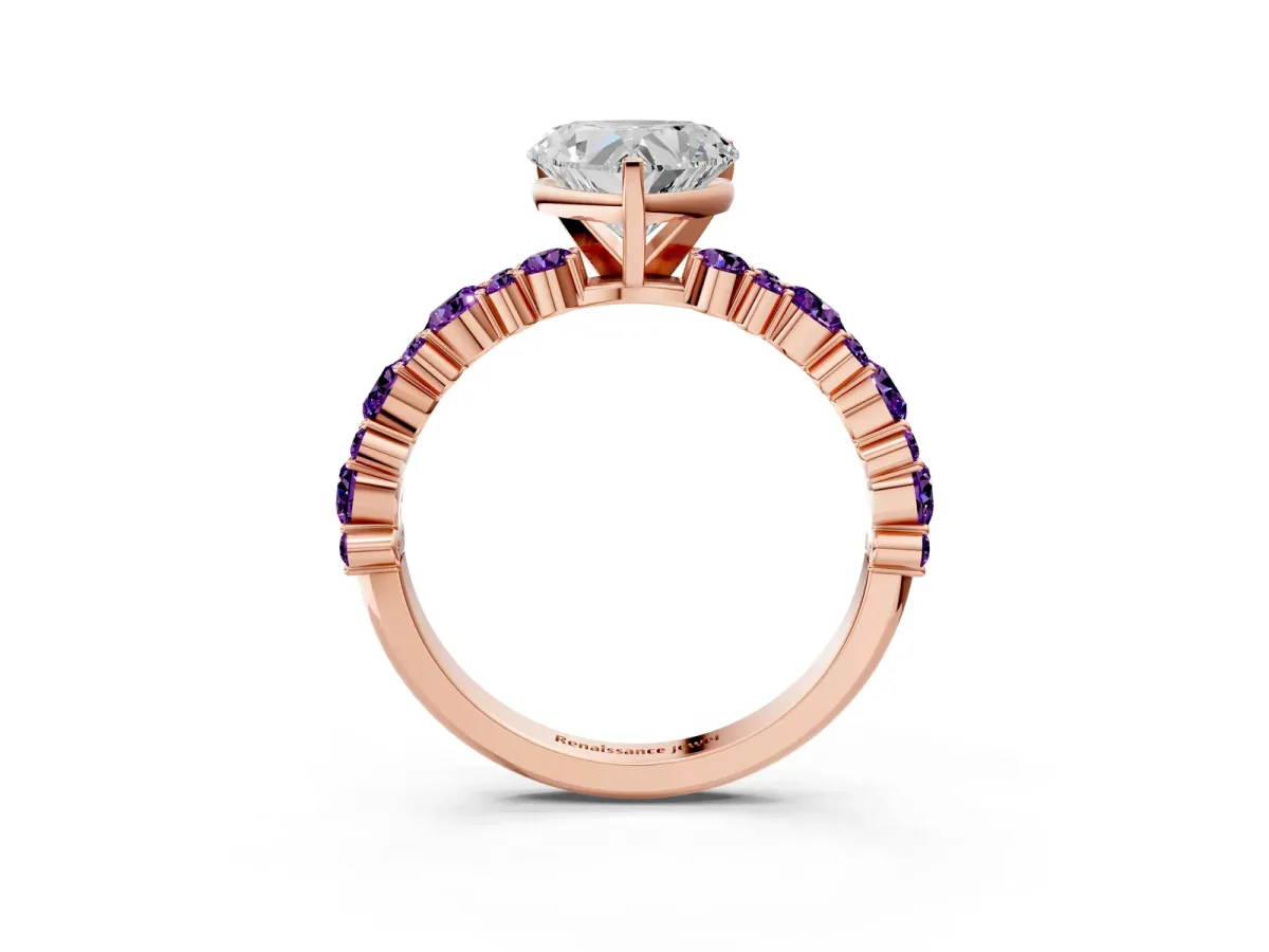 Heart Cut Diamond Side Stone Solitaire Ring with Round Amethyst and Four-Prong Setting Rose gold
