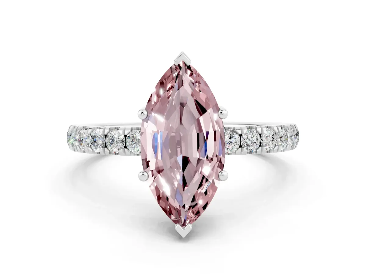 Marquise Cut Morganite Pave Band Solitaire Ring with Round and Prong Setting Silver