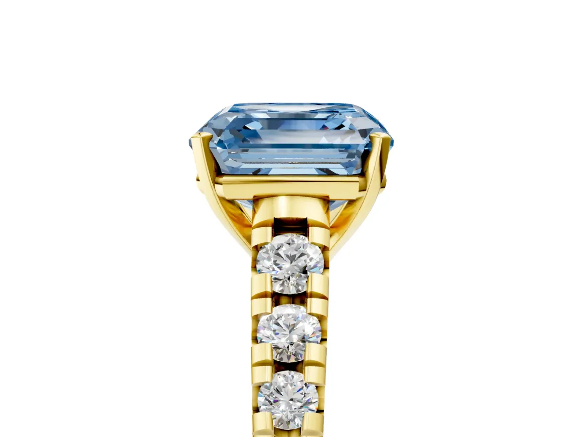 Fancy Blue Asscher Cut Diamond Cathedral Solitaire Ring with Round Pavé Band Yellow gold