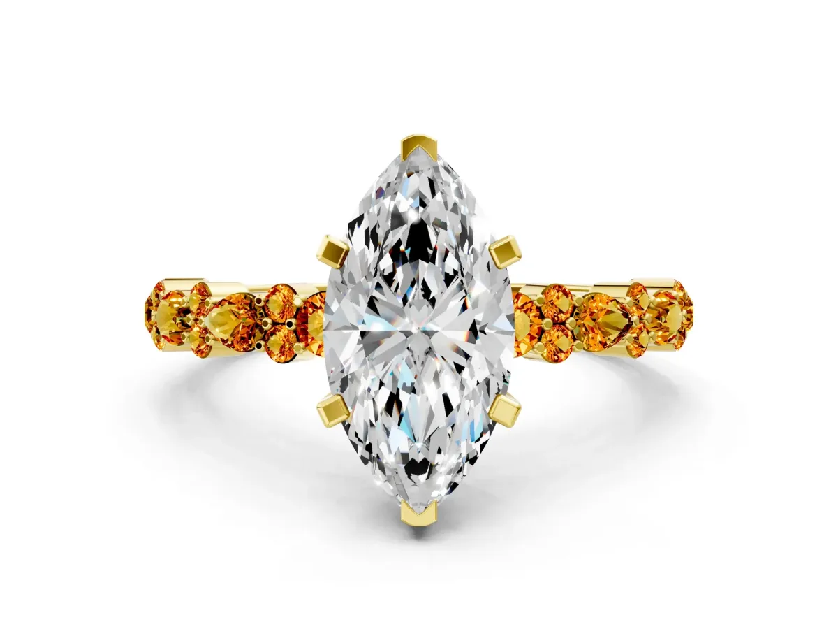 Marquise Cut Diamond Side Stone Solitaire Ring with Round Citrine and Four-Prong Setting Yellow gold