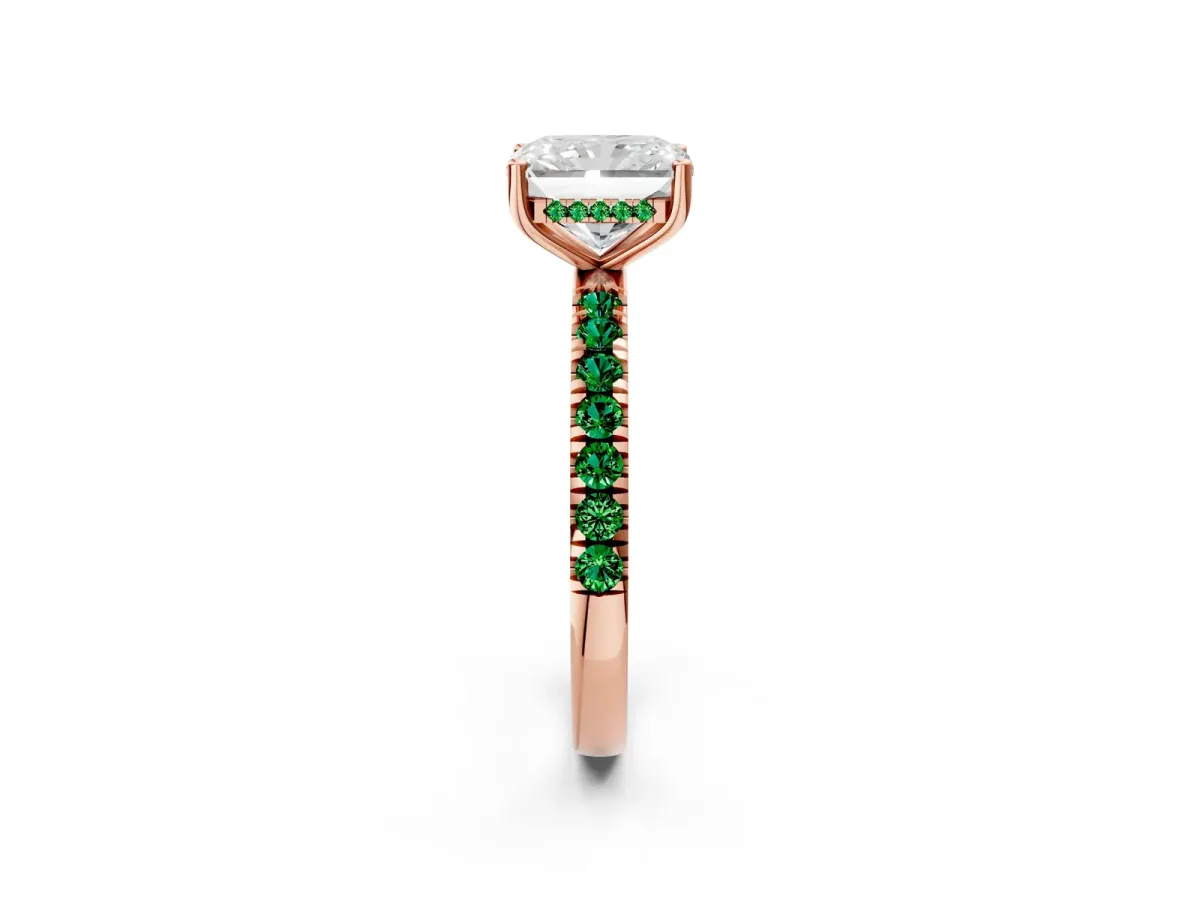 Radiant Cut Diamond Pave Band Solitaire Ring with Round Emerald and Prong Setting Rose gold