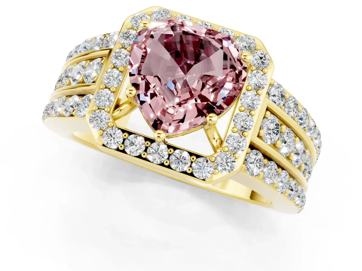 Heart Cut Halo Morganite Ring with Round Split Shank and Prong Setting Yellow gold