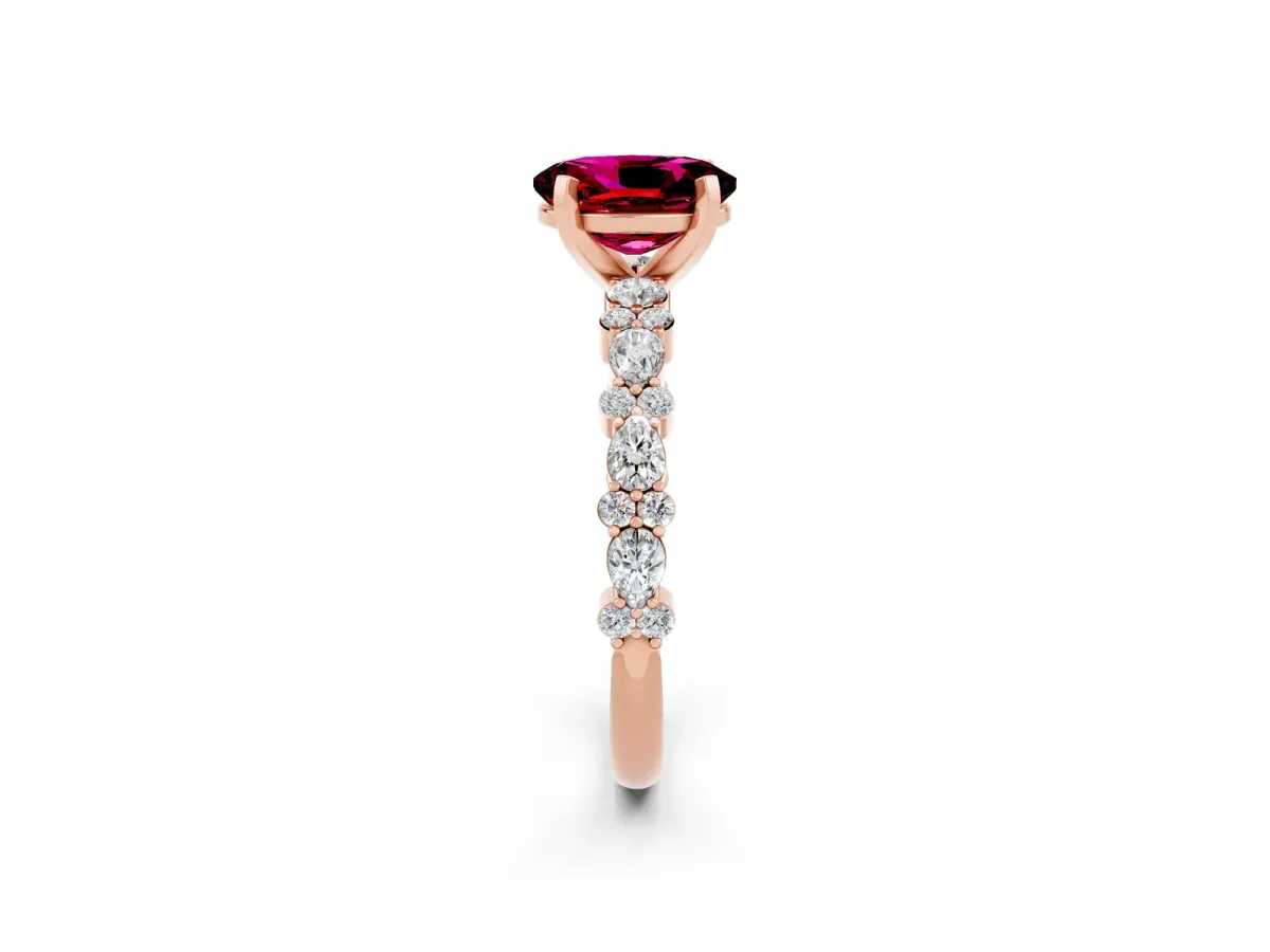 Oval Cut Garnet Side Stone Solitaire Ring with Round and Four-Prong Setting Rose gold