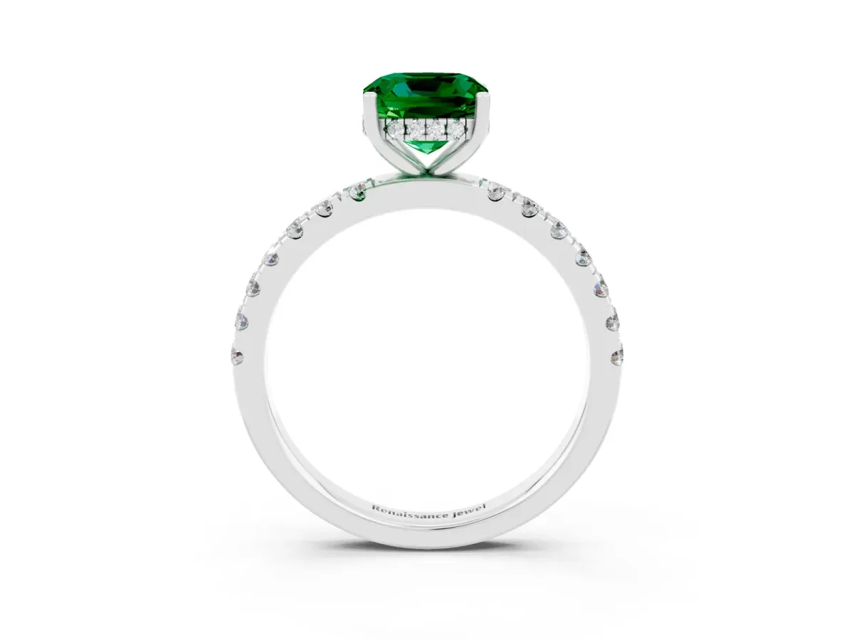 Cushion Cut Emerald Pave Band Solitaire Ring with Round and Prong Setting Platinum
