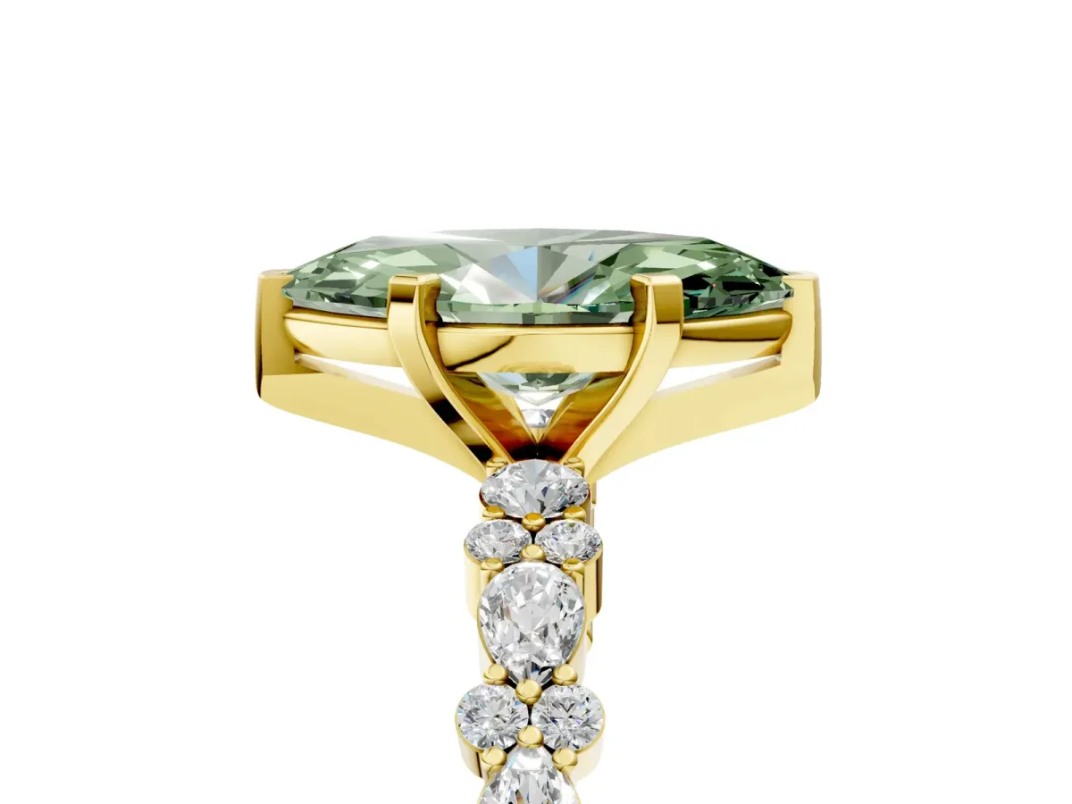 Fancy Green Marquise Cut Diamond Side Stone Solitaire Ring with Round and Four-Prong Setting Yellow gold