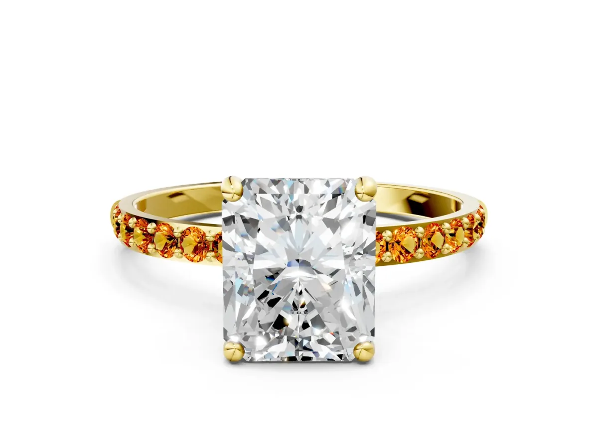 Radiant Cut Diamond Solitaire Ring with Round Citrine Pavé Band and Prong Setting Yellow gold