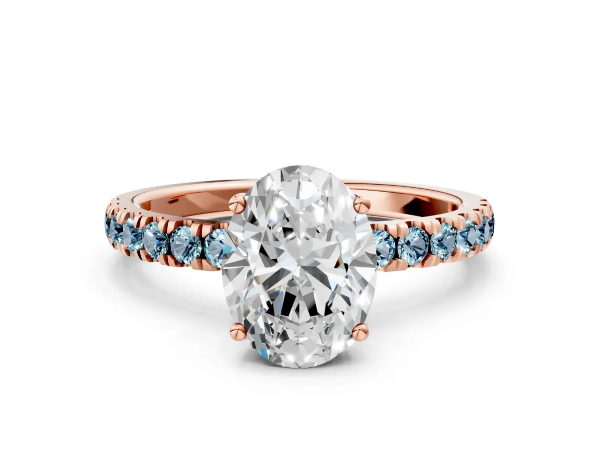 Oval Cut Diamond Pave Band Solitaire Ring with Round Aquamarine and Prong Setting Rose gold