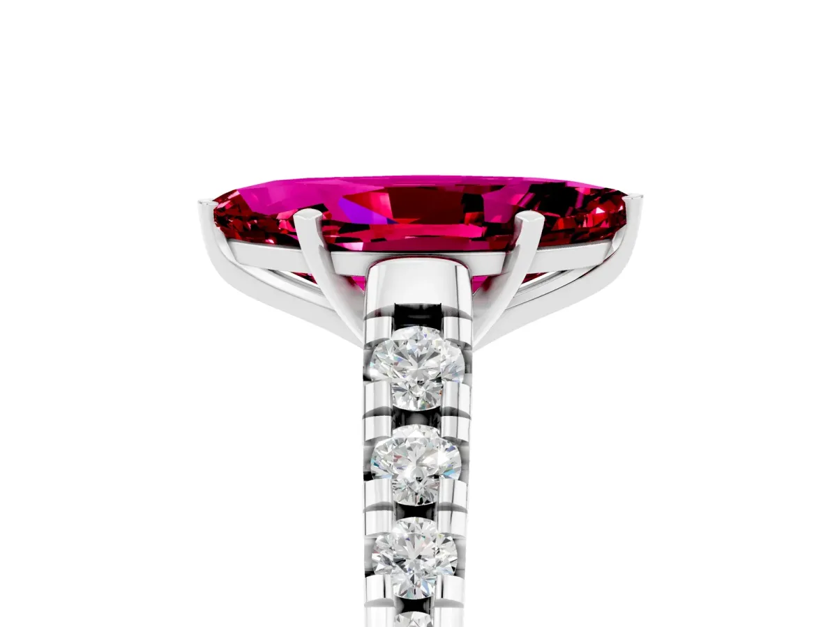 Marquise Cut Garnet Cathedral Solitaire Ring with Round Pavé Band White gold