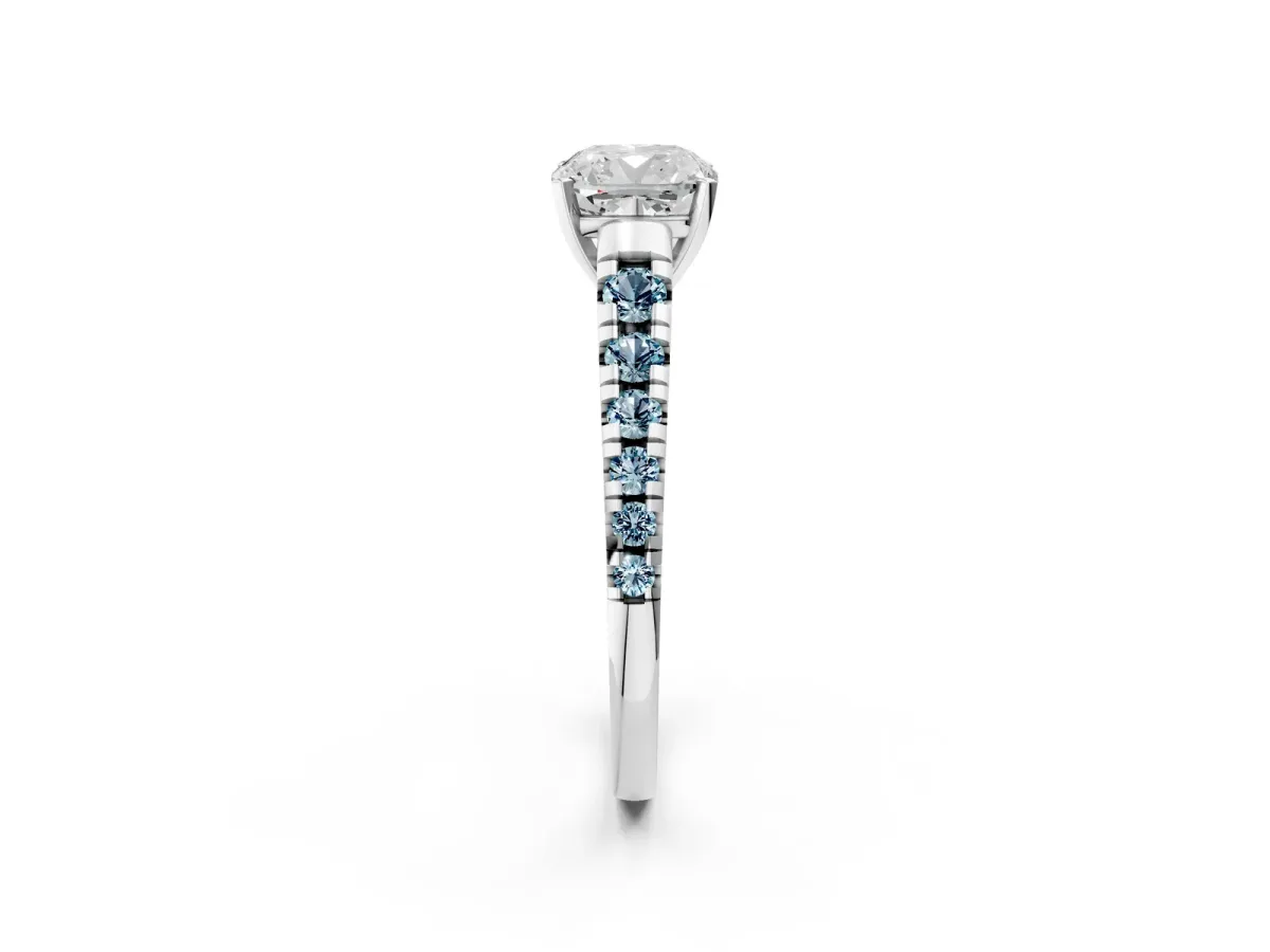 Cushion Cut Diamond Cathedral Solitaire Ring with Round Aquamarine Pavé Band Silver