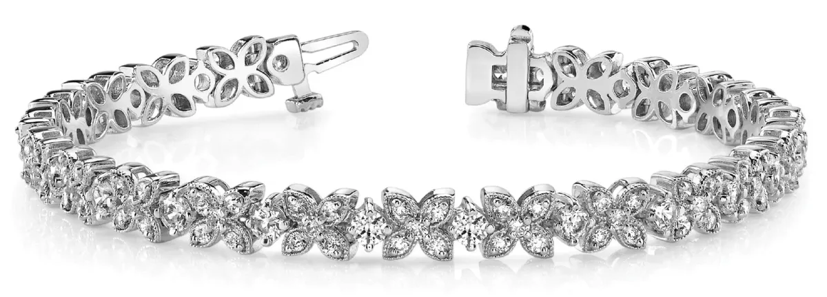 Round Cut Diamond Floral Tennis Bracelet with Prong Setting White gold